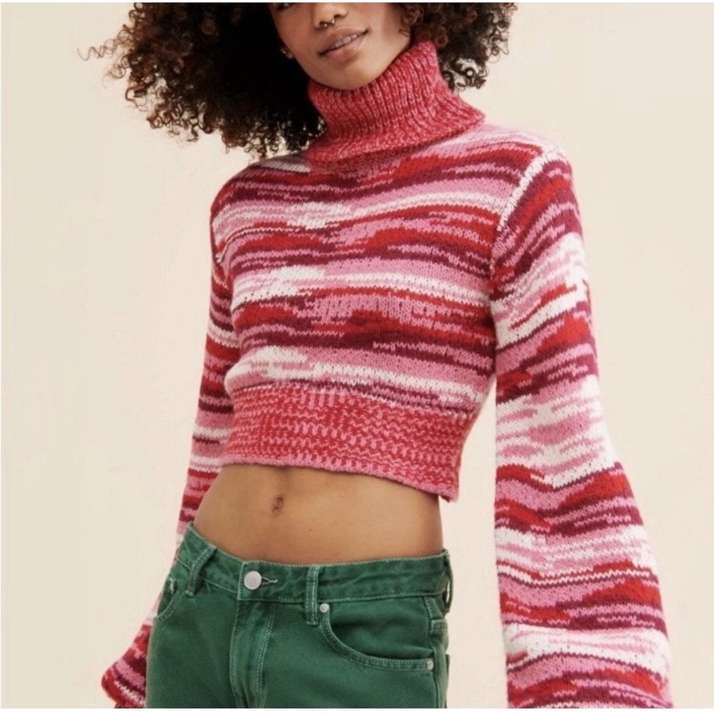 For Love and Lemons Wilma cropped turtleneck sweater oversized sleeves red pink